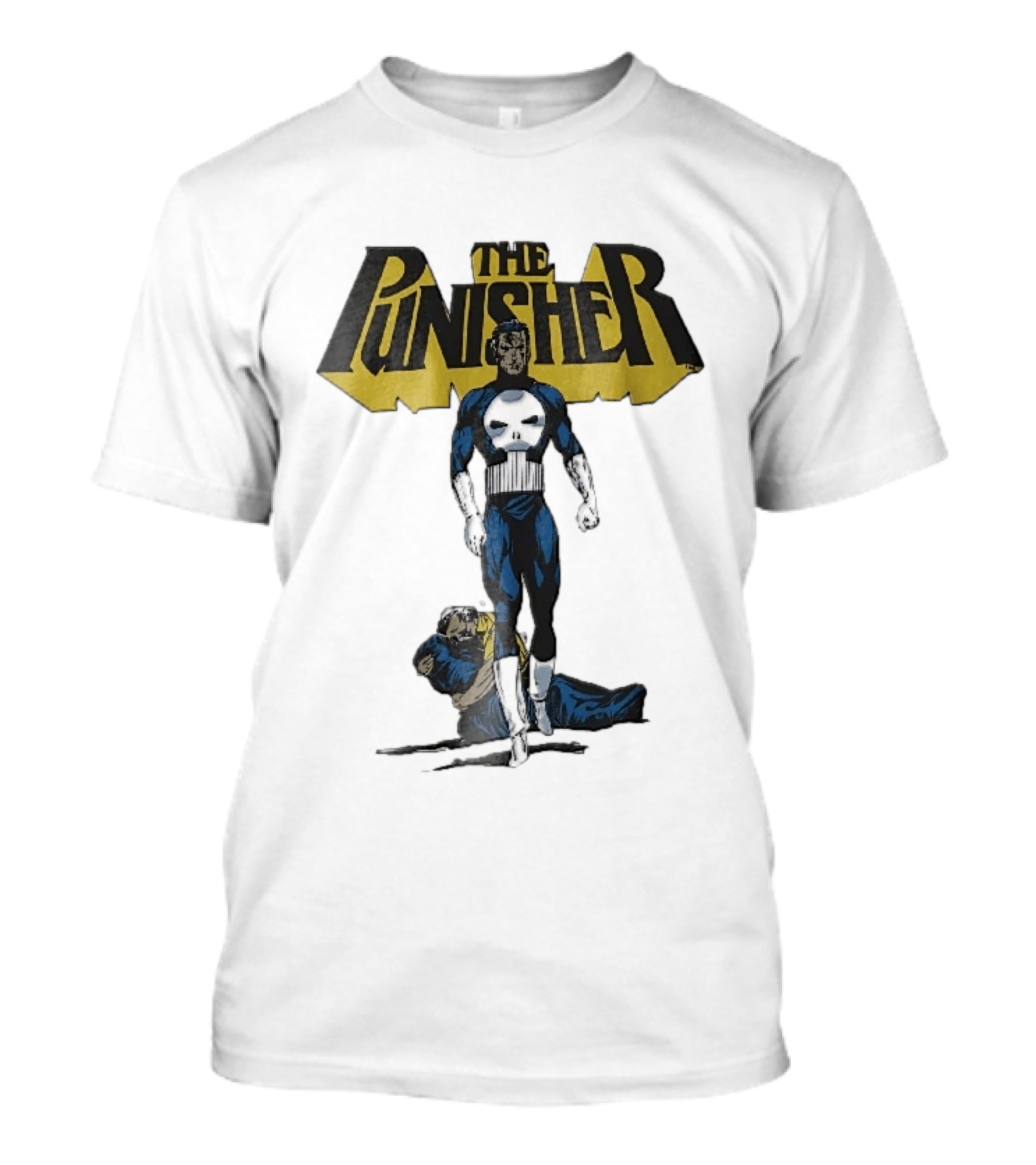 The Punisher Superhero Skull Comic Walking Scene With Defeated Man T-Shirt