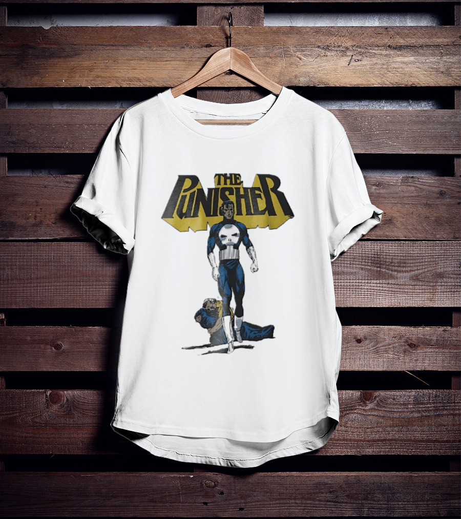 The Punisher Superhero Skull Comic Walking Scene With Defeated Man T-Shirt