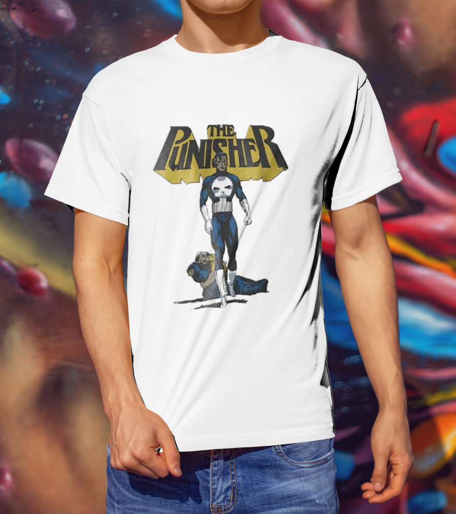 The Punisher Superhero Skull Comic Walking Scene With Defeated Man T-Shirt
