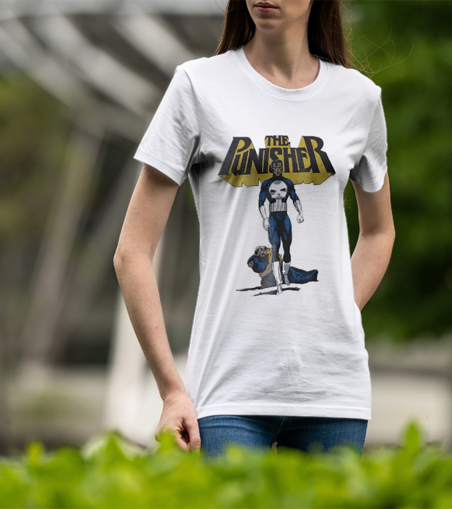 The Punisher Superhero Skull Comic Walking Scene With Defeated Man T-Shirt