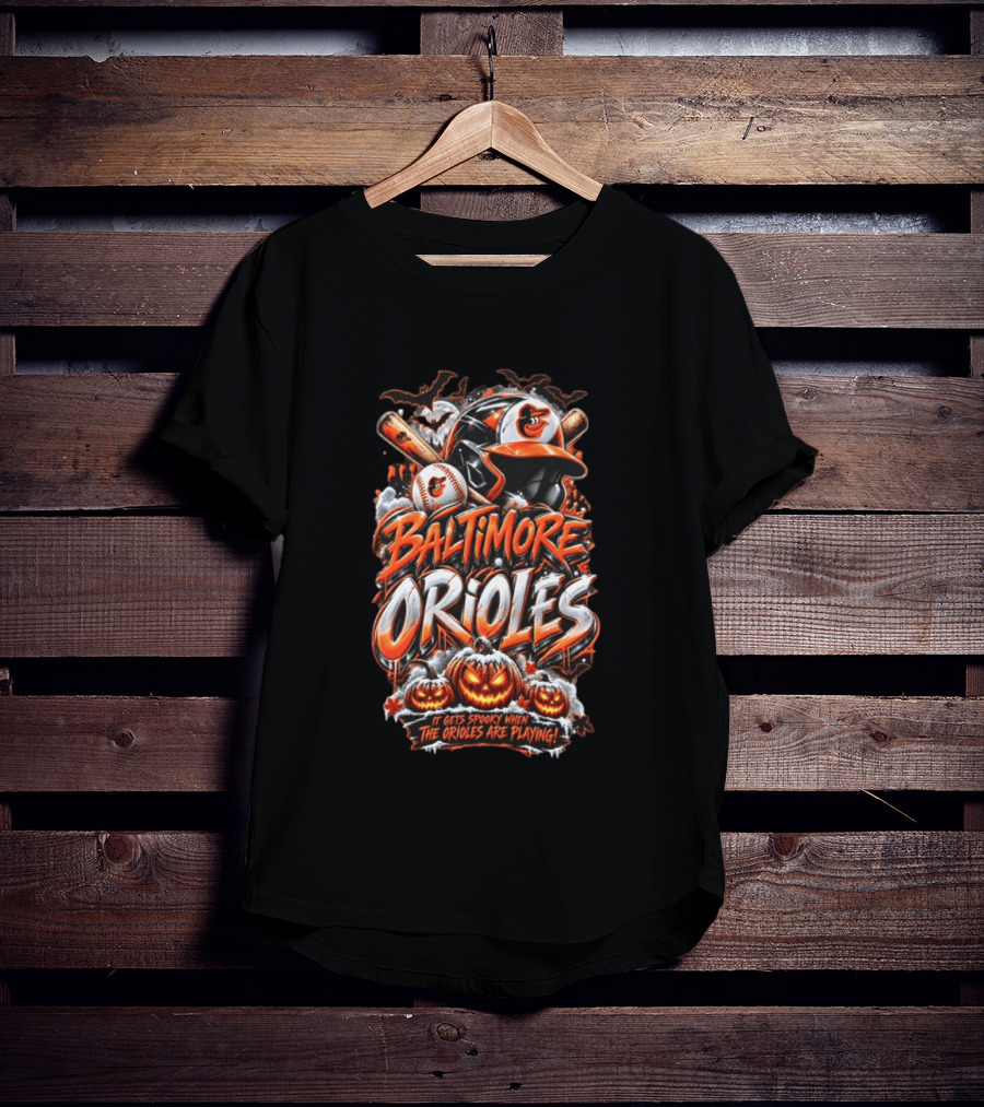 Baltimore Orioles MLB It Gets Spooky When They Are Playing Halloween Pumpkins Baseball T-Shirt