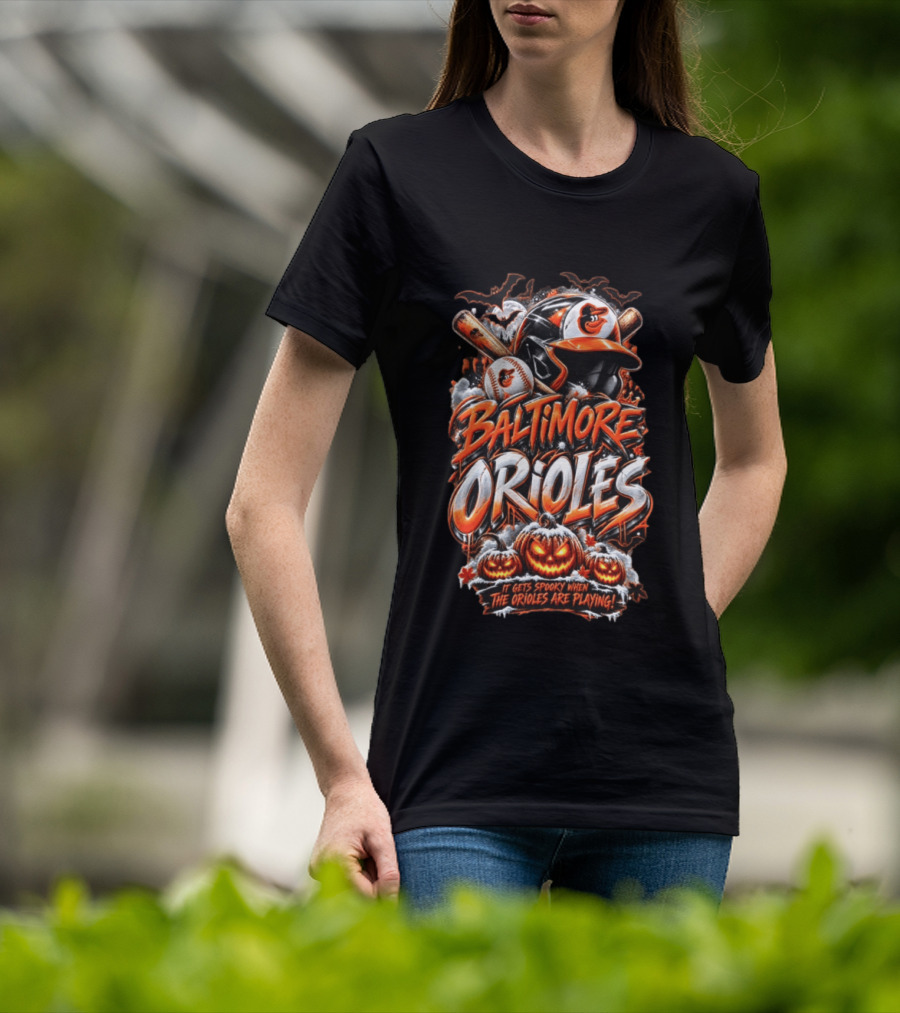 Baltimore Orioles MLB It Gets Spooky When They Are Playing Halloween Pumpkins Baseball T-Shirt