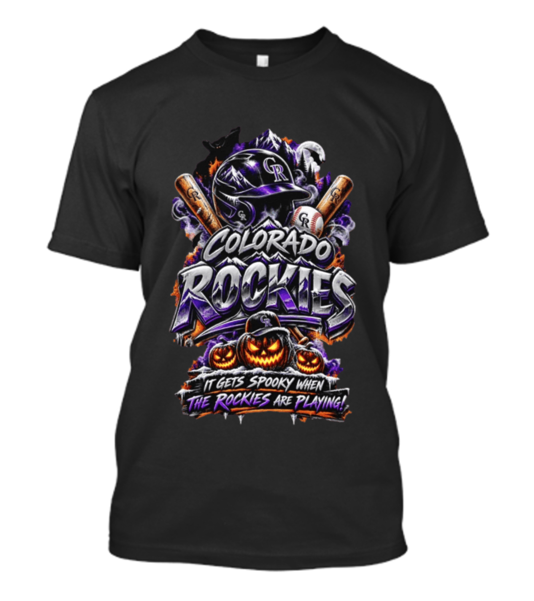 Colorado Rockies Spooky Halloween Baseball Theme With Bats And Pumpkin T-Shirt