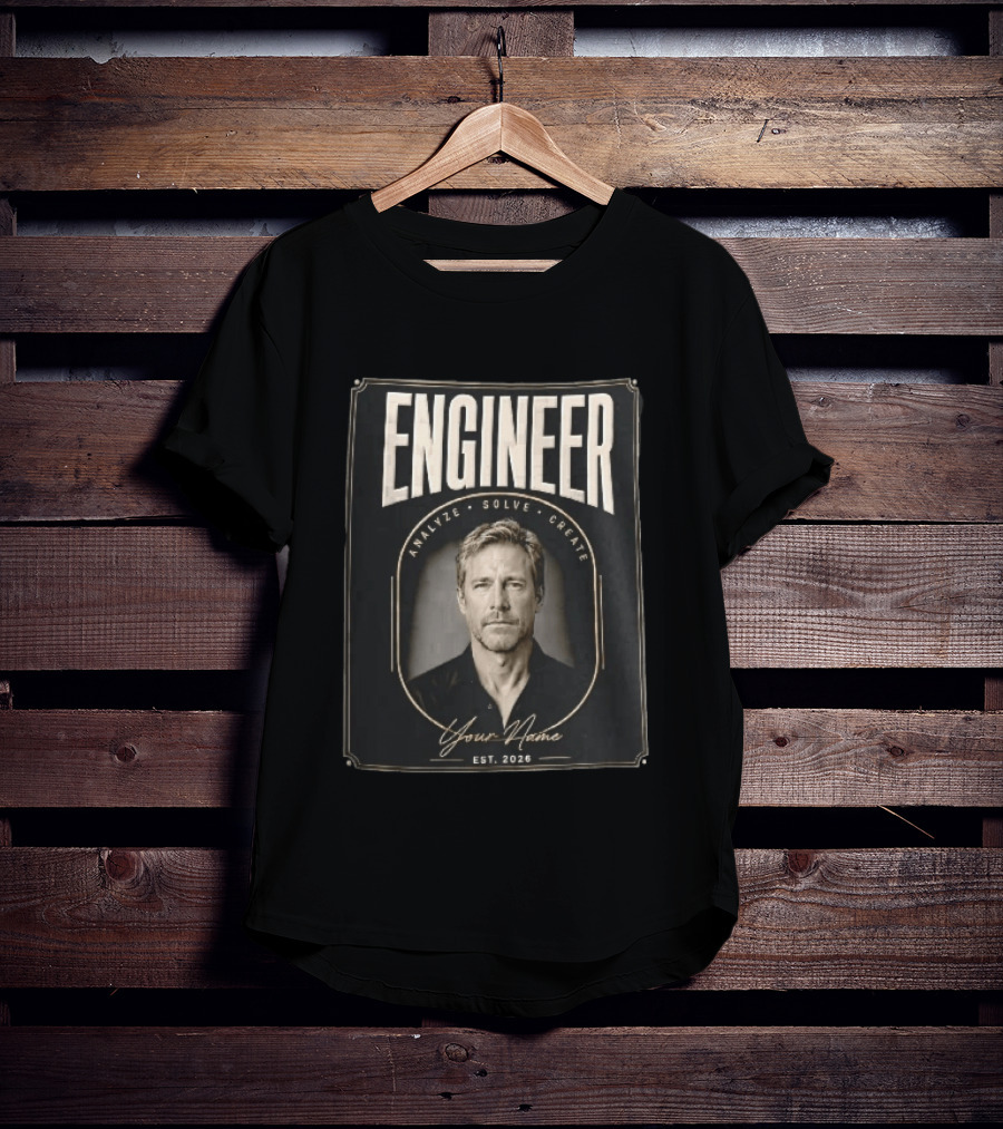 Engineer Analyze Solve Create Portrait Your Name Est 2026 Man Arch Gold Frame T-Shirt