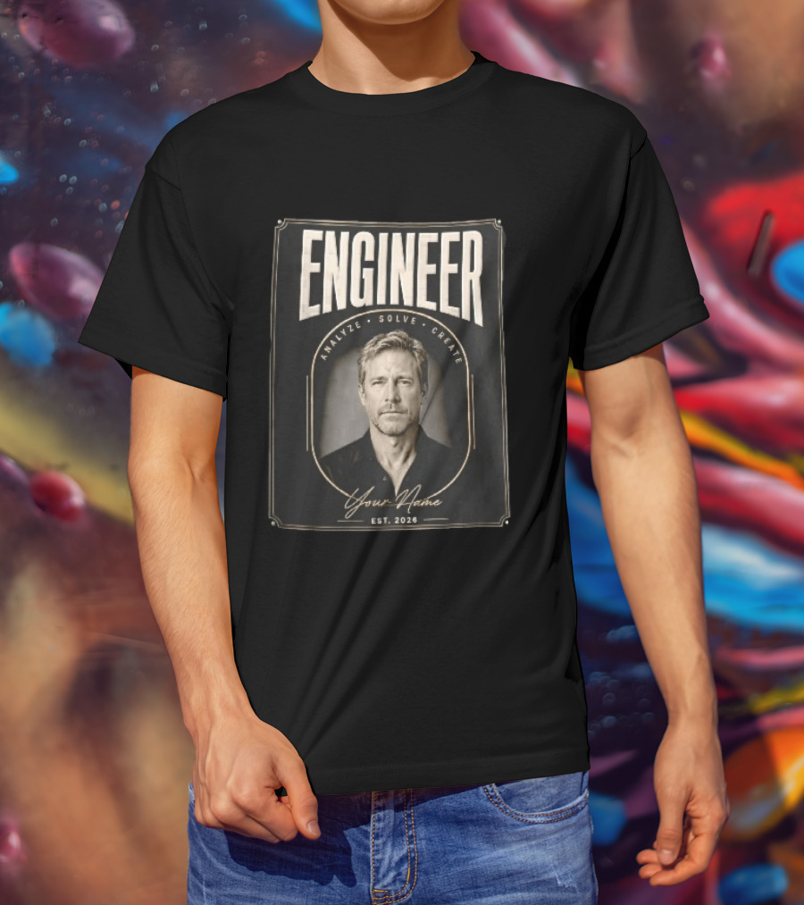 Engineer Analyze Solve Create Portrait Your Name Est 2026 Man Arch Gold Frame T-Shirt