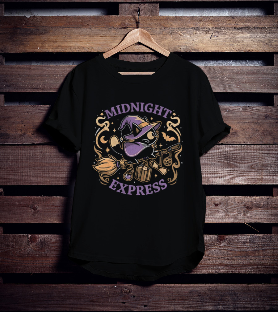 Midnight Express Witchy Cat Magic Broom Halloween T-Shirt