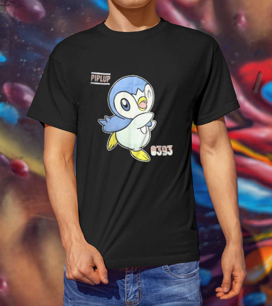 Piplup 0393 Cartoon Penguin Waving Paper Crease Sticker Yellow Feet T-Shirt