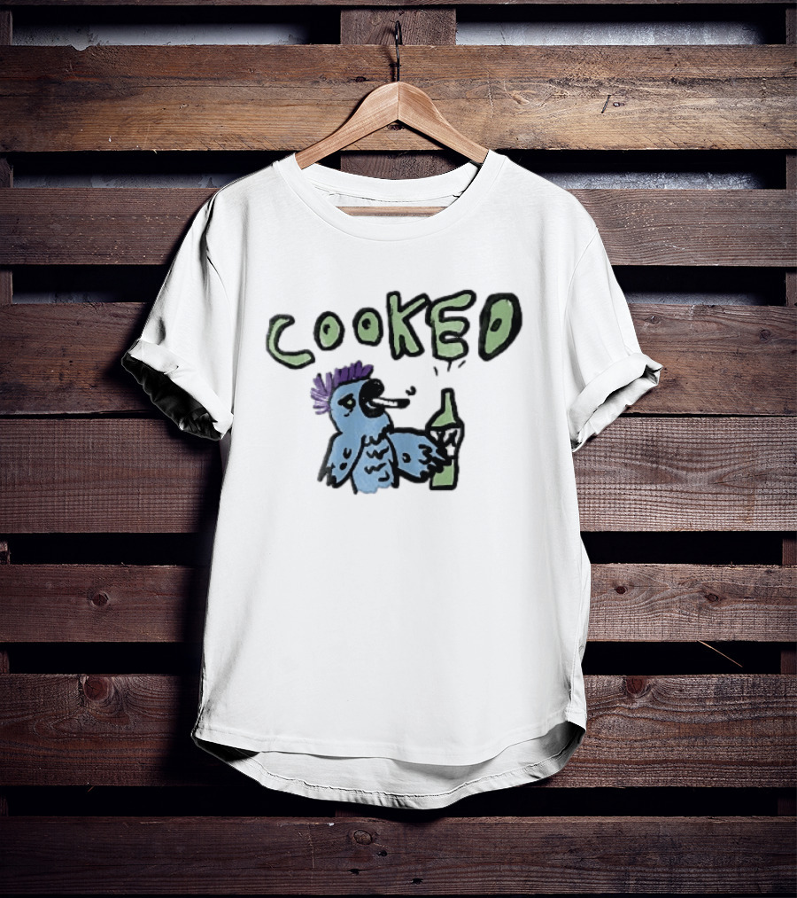 Cooked Cartoon Blue Parrot Smoking Cigarette Holding Alcohol Bottle T-Shirt