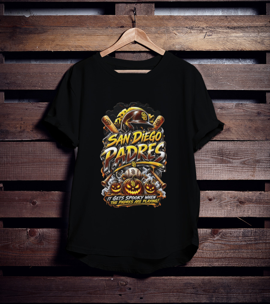 San Diego Padres It Gets Spooky When The Padres Are Playing Halloween Baseball Pumpkins Bats T-Shirt