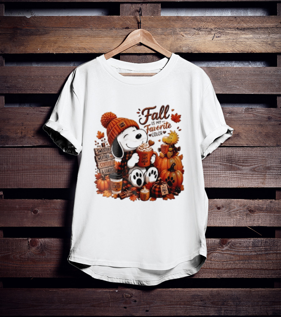 Fall Is My Favorite Color Sweater Weather Coffee Leaves Cozy Days Cartoon Dog Bird Pumpkins T-Shirt