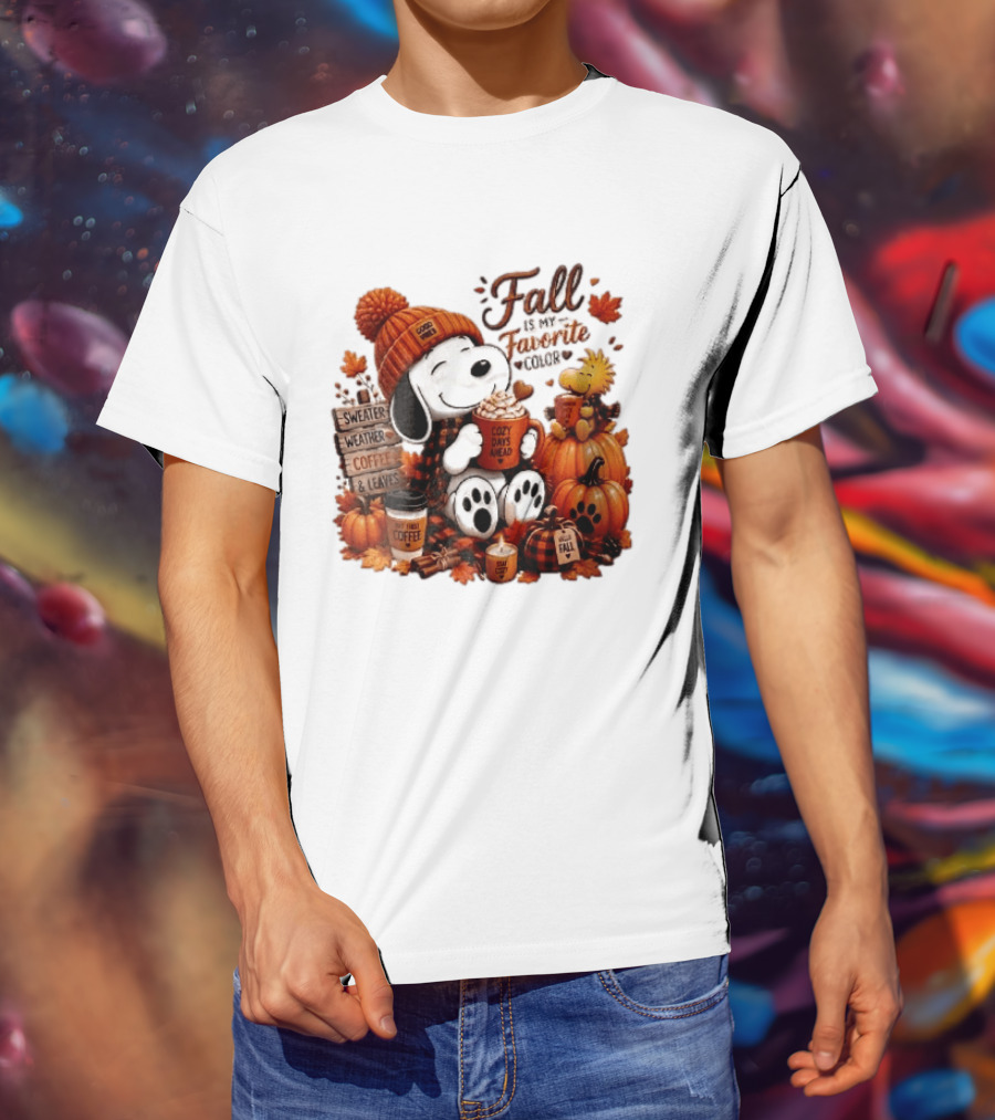 Fall Is My Favorite Color Sweater Weather Coffee Leaves Cozy Days Cartoon Dog Bird Pumpkins T-Shirt