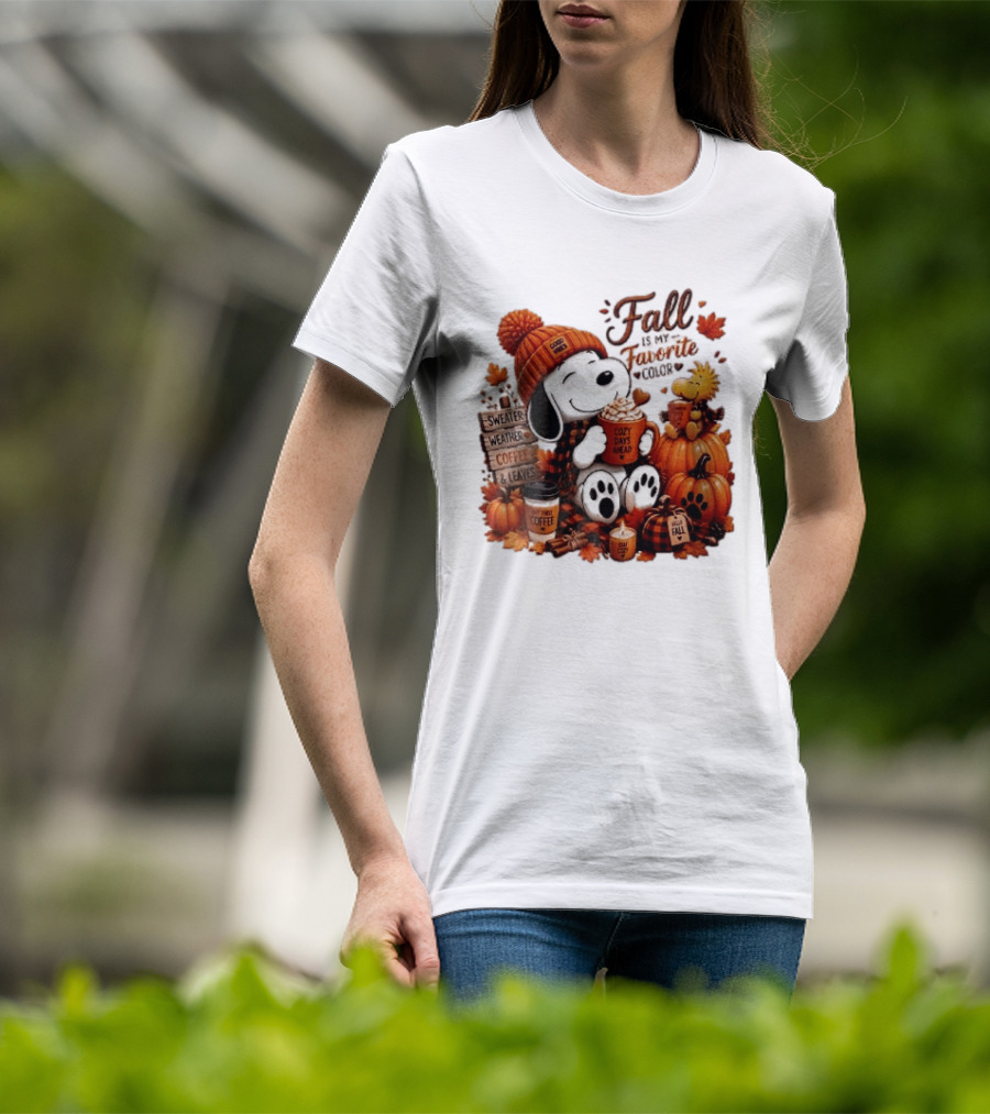 Fall Is My Favorite Color Sweater Weather Coffee Leaves Cozy Days Cartoon Dog Bird Pumpkins T-Shirt