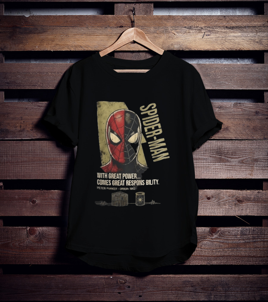 Spider Man With Great Power Comes Great Responsibility Peter Parker Origin 1962 Split Mask T-Shirt