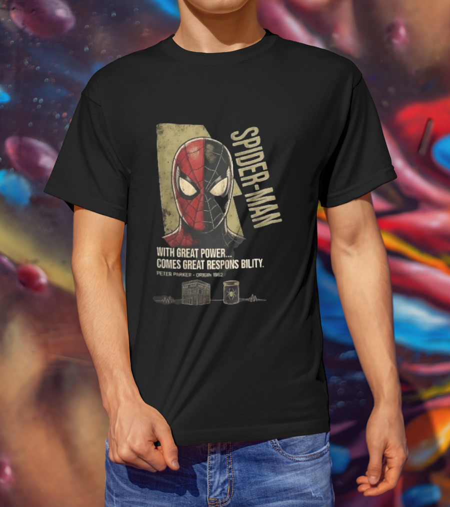 Spider Man With Great Power Comes Great Responsibility Peter Parker Origin 1962 Split Mask T-Shirt