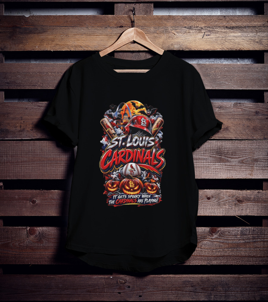 St. Louis Cardinals Halloween Spooky Baseball Theme With Pumpkins And Bats T-Shirt