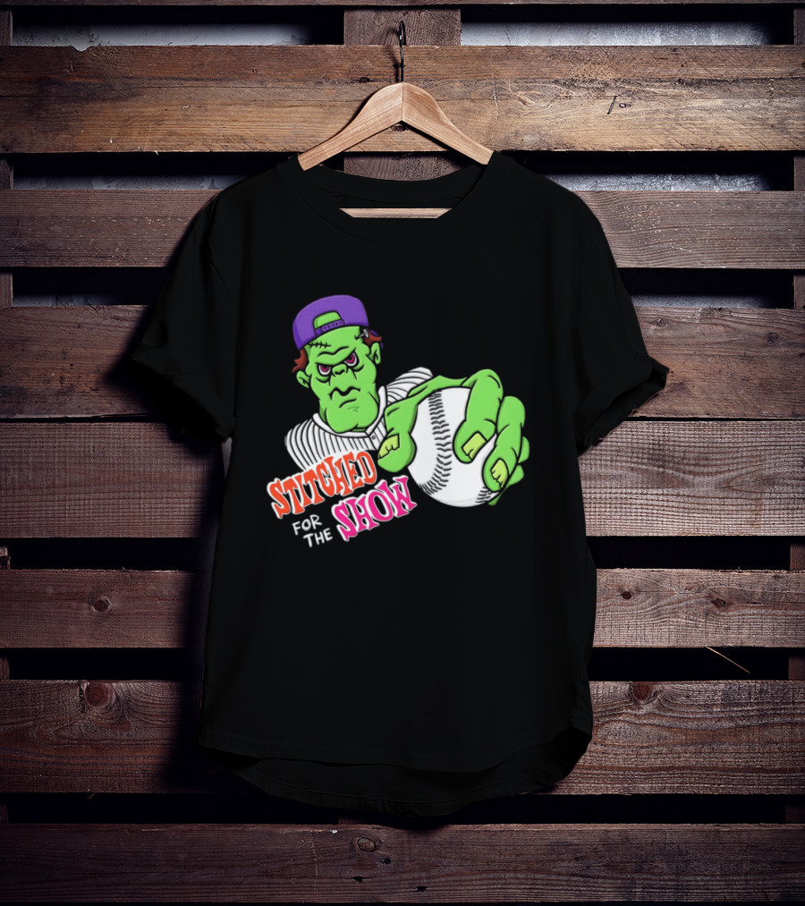 Stitched For The Show Baseball Monster Pitcher Cartoon T-Shirt