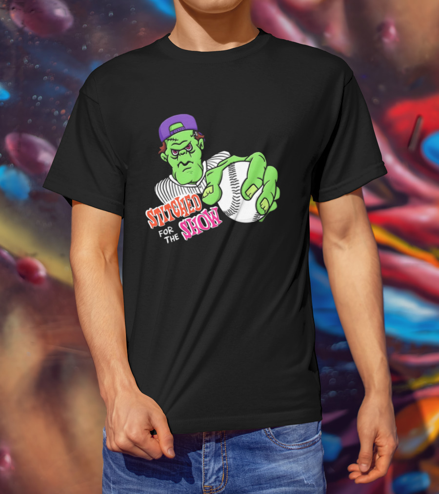 Stitched For The Show Baseball Monster Pitcher Cartoon T-Shirt