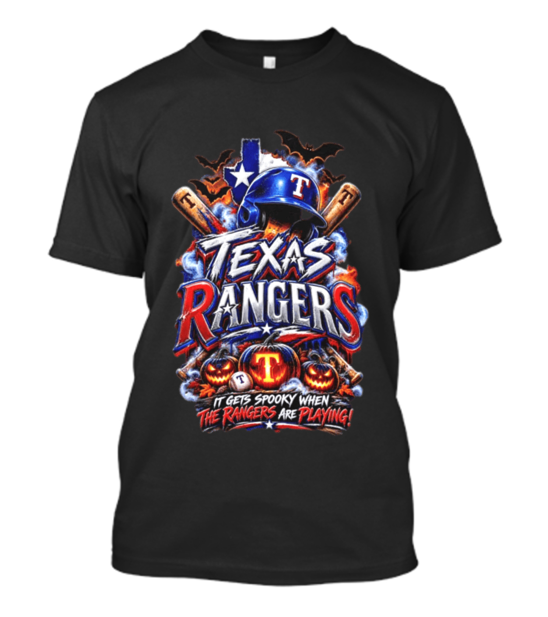 Texas Rangers Spooky Halloween Baseball Bats And Pumpkins T-Shirt
