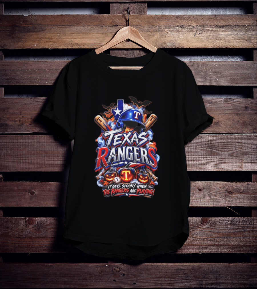 Texas Rangers Spooky Halloween Baseball Bats And Pumpkins T-Shirt