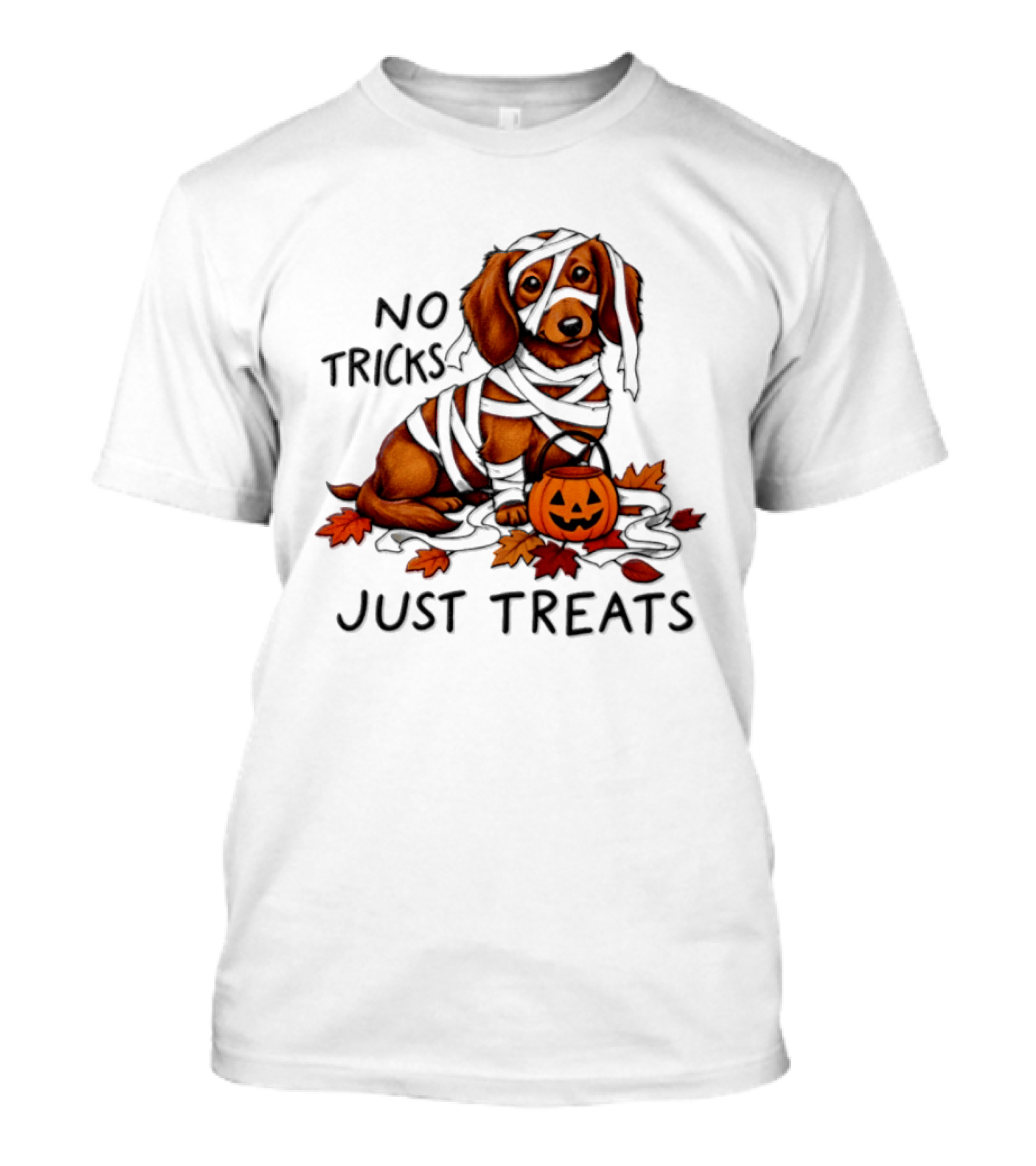 No Tricks Just Treats Dachshund Mummy Halloween Pumpkin Dog T-Shirt
