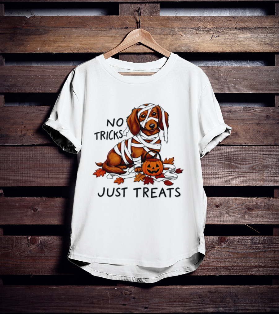No Tricks Just Treats Dachshund Mummy Halloween Pumpkin Dog T-Shirt