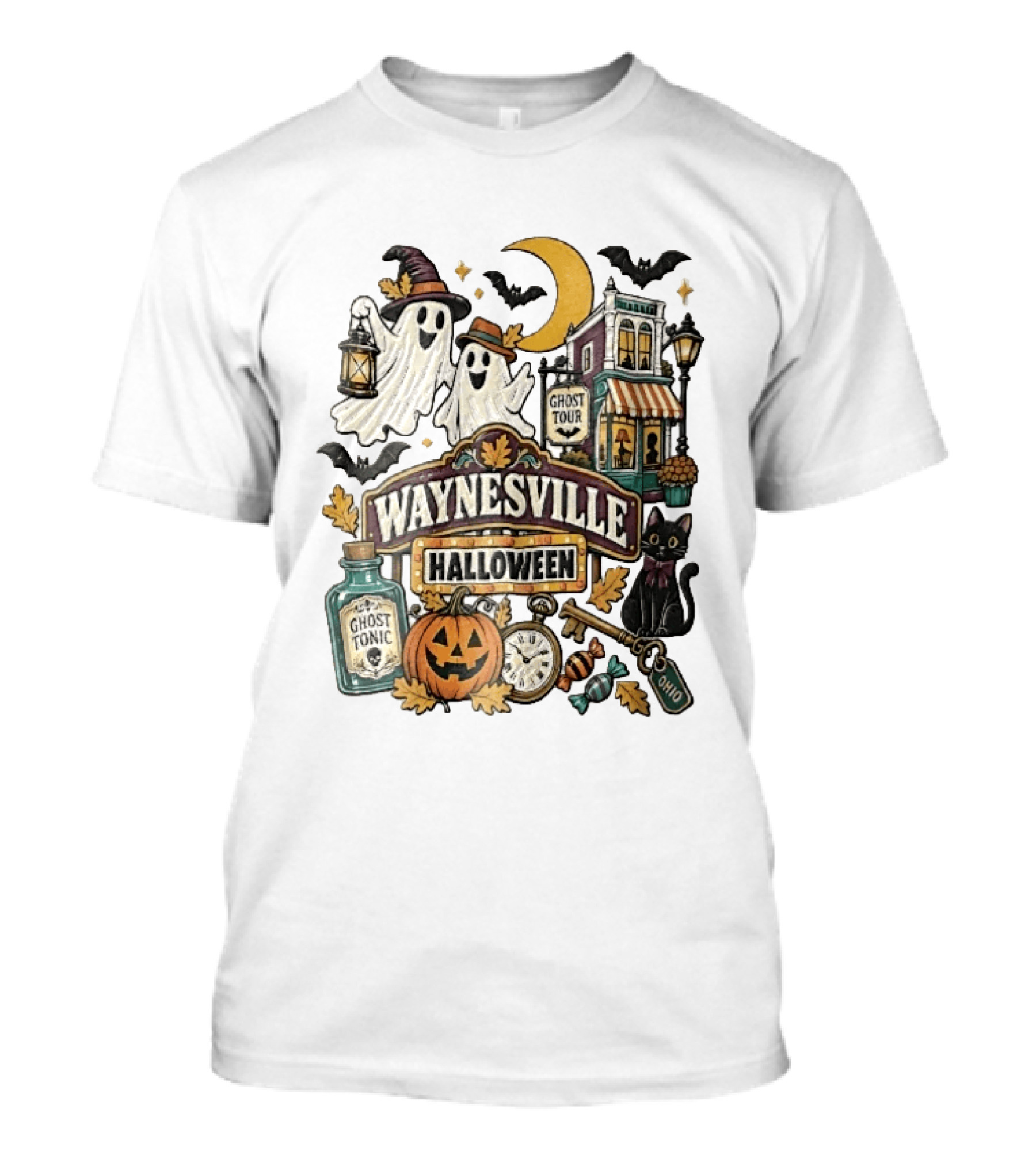 Waynesville Halloween Ghost Tour Ohio Cartoon Pumpkin Black Cat Crescent Moon Ghost Tonic Key T-Shirt