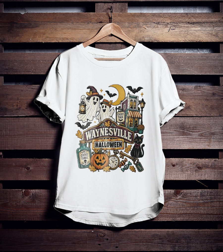 Waynesville Halloween Ghost Tour Ohio Cartoon Pumpkin Black Cat Crescent Moon Ghost Tonic Key T-Shirt