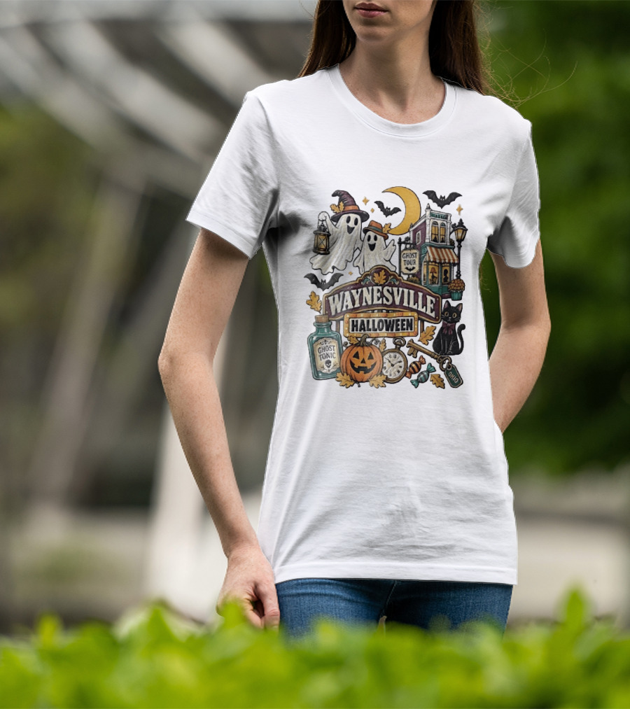 Waynesville Halloween Ghost Tour Ohio Cartoon Pumpkin Black Cat Crescent Moon Ghost Tonic Key T-Shirt