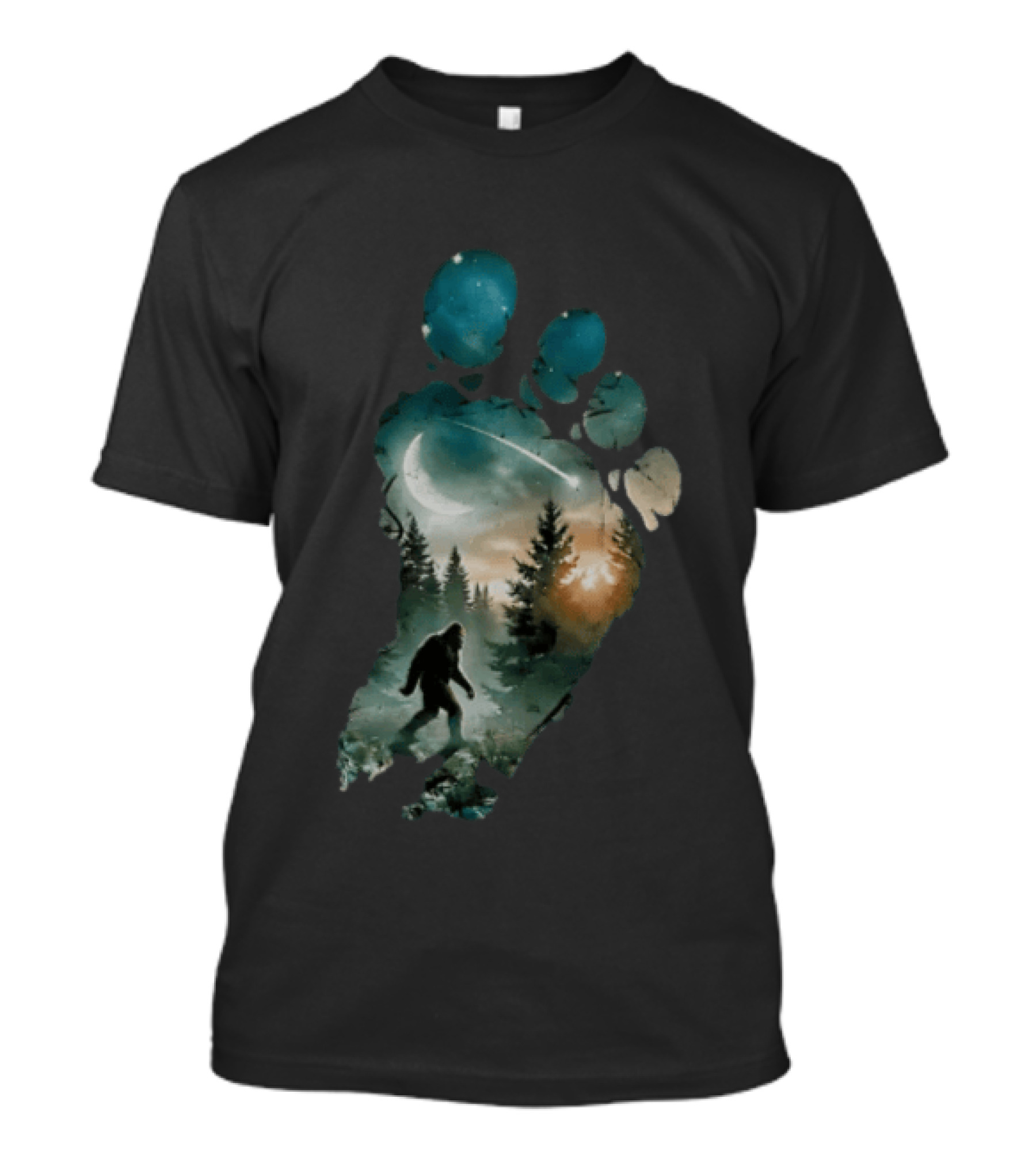 Bigfoot Footprint Moon Mountain Trees Forest Sasquatch Night Scene T-Shirt