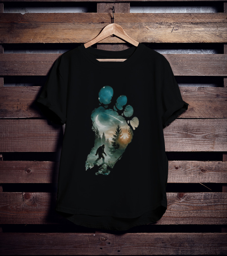 Bigfoot Footprint Moon Mountain Trees Forest Sasquatch Night Scene T-Shirt