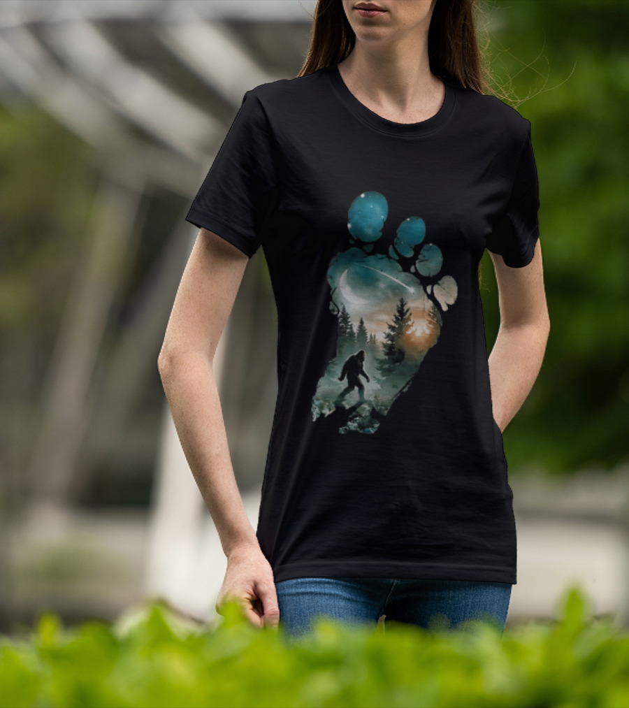 Bigfoot Footprint Moon Mountain Trees Forest Sasquatch Night Scene T-Shirt