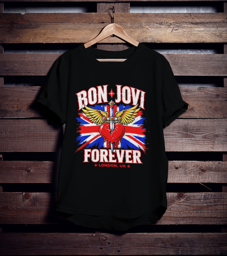 Bon Jovi Forever London UK Tour Union Jack Heart And Dagger Wings T-Shirt
