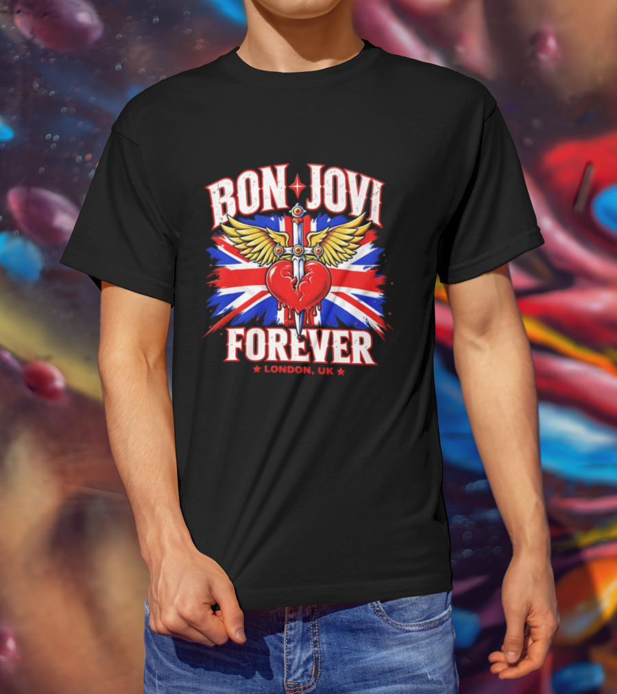 Bon Jovi Forever London UK Tour Union Jack Heart And Dagger Wings T-Shirt