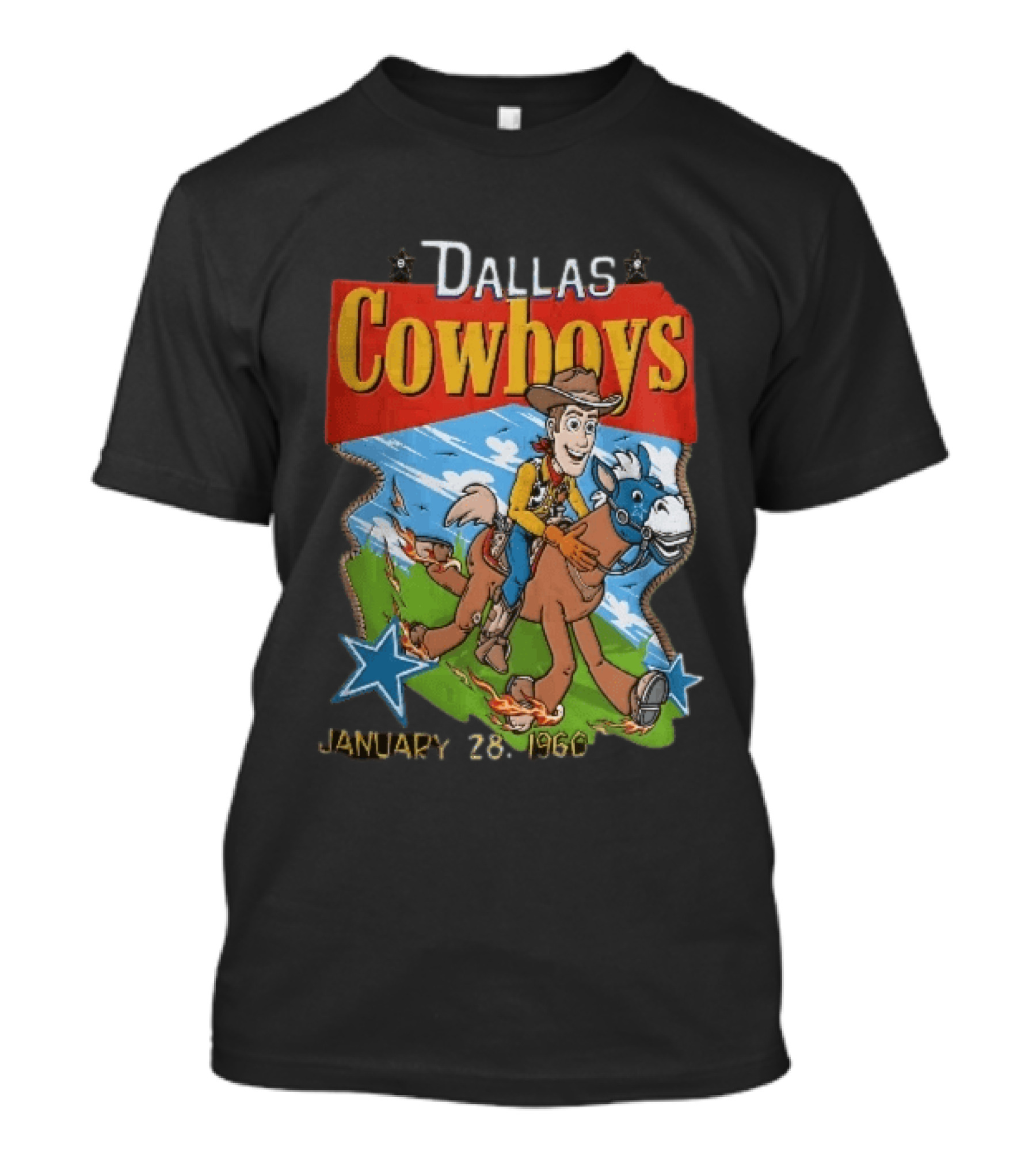 Dallas Cowboys Woody Riding Toy Horse Flames Stars January 28 1960 T-Shirt