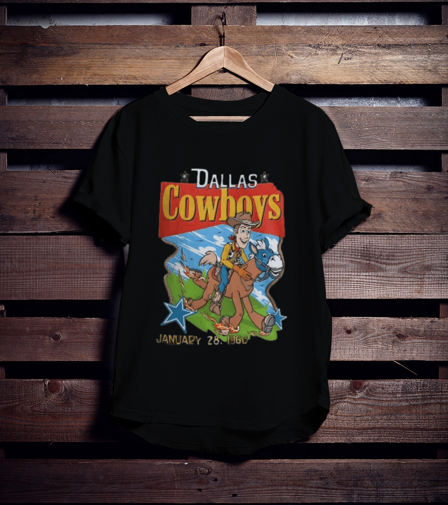 Dallas Cowboys Woody Riding Toy Horse Flames Stars January 28 1960 T-Shirt