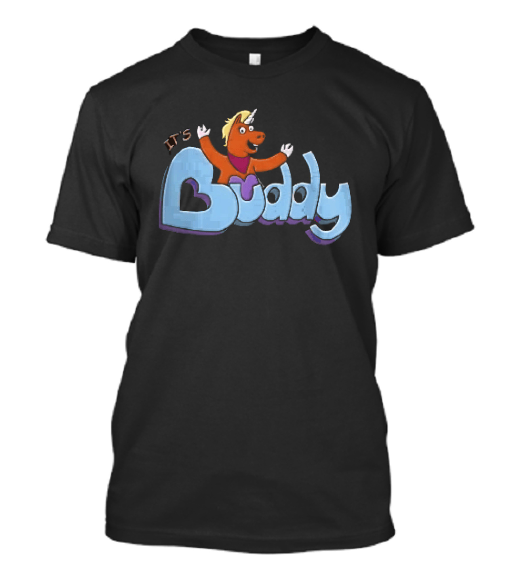 Its Buddy Cartoon Orange Unicorn Horse Purple Scarf Raised Arms T-Shirt
