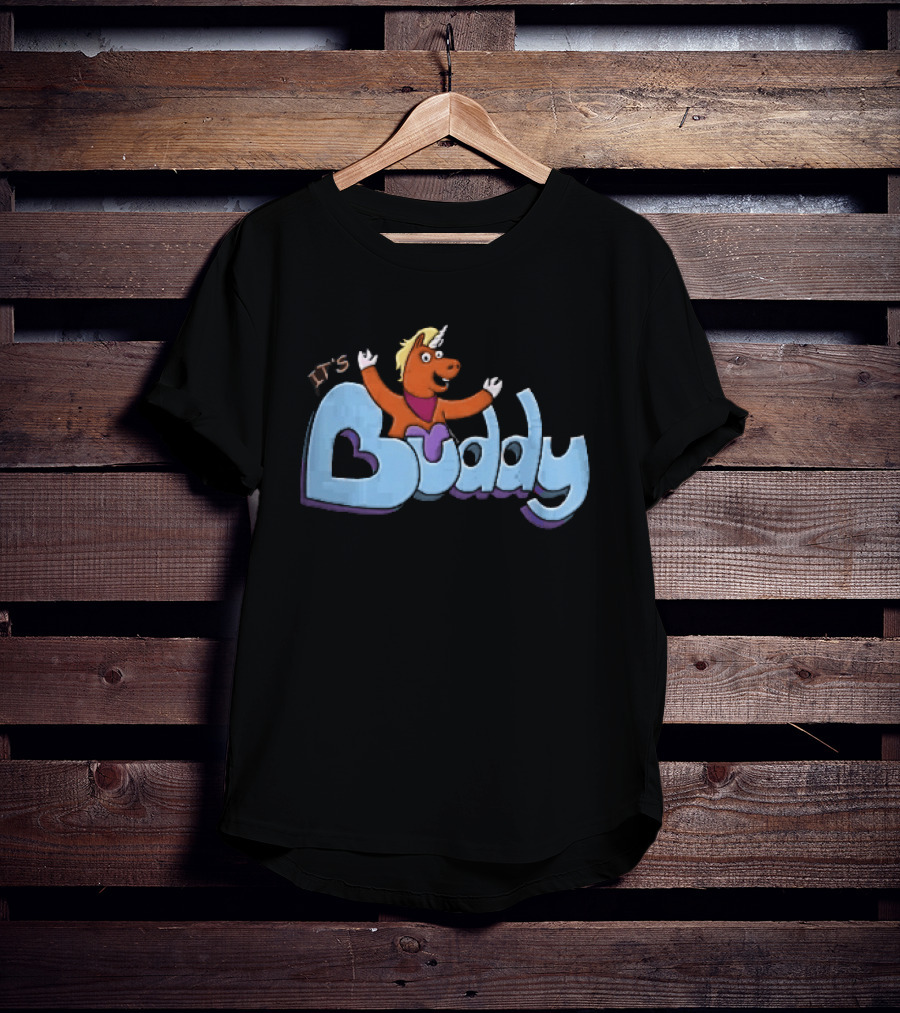Its Buddy Cartoon Orange Unicorn Horse Purple Scarf Raised Arms T-Shirt