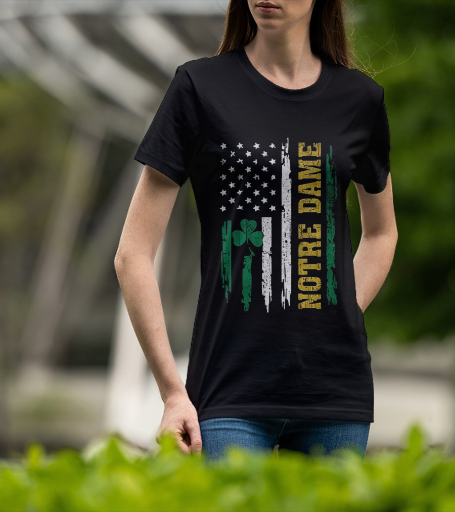 Notre Dame Irish American Flag Football Clover Stars T-Shirt