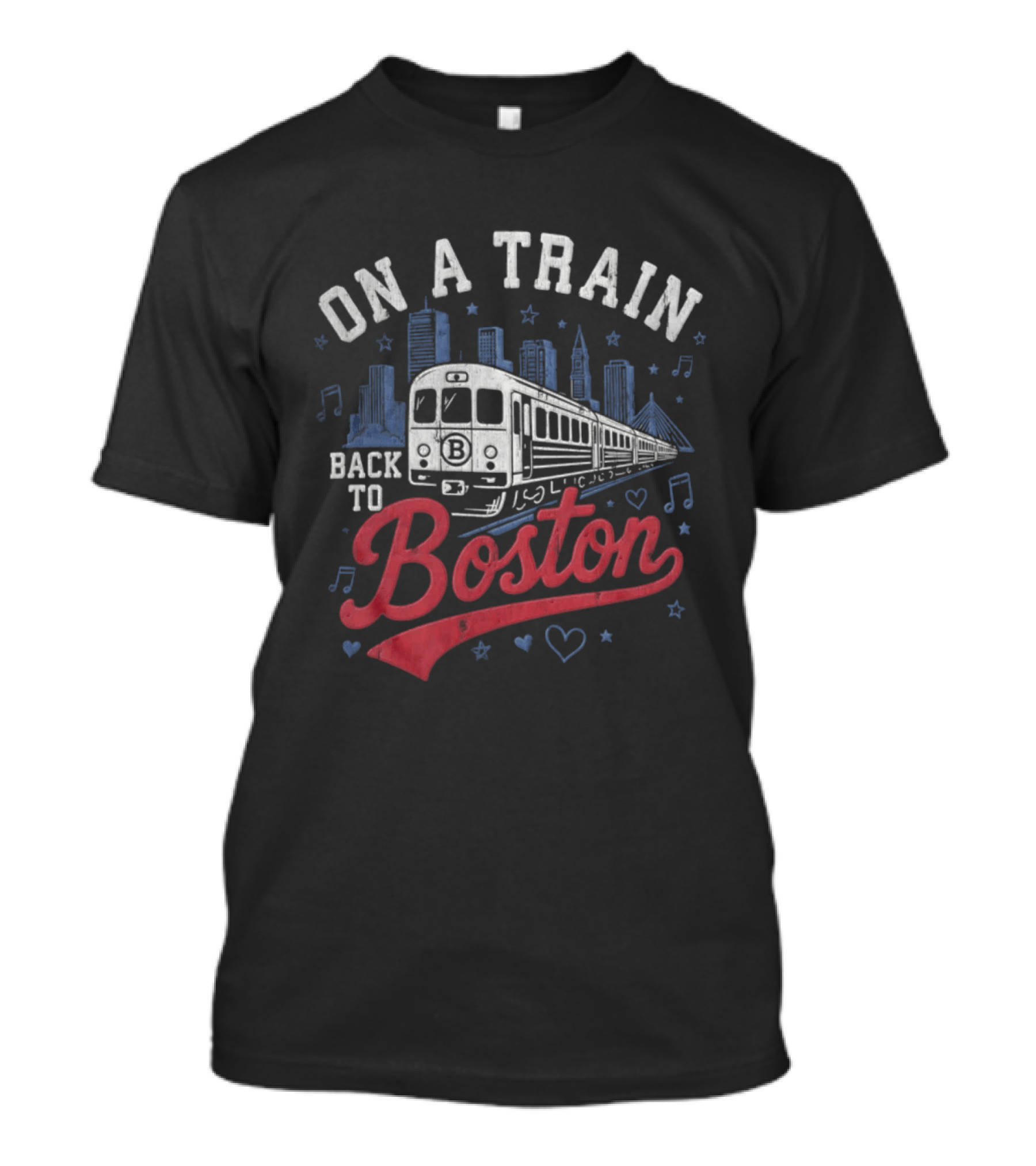 On A Train Back To Boston City Skyline With Musical Notes And Hearts T-Shirt