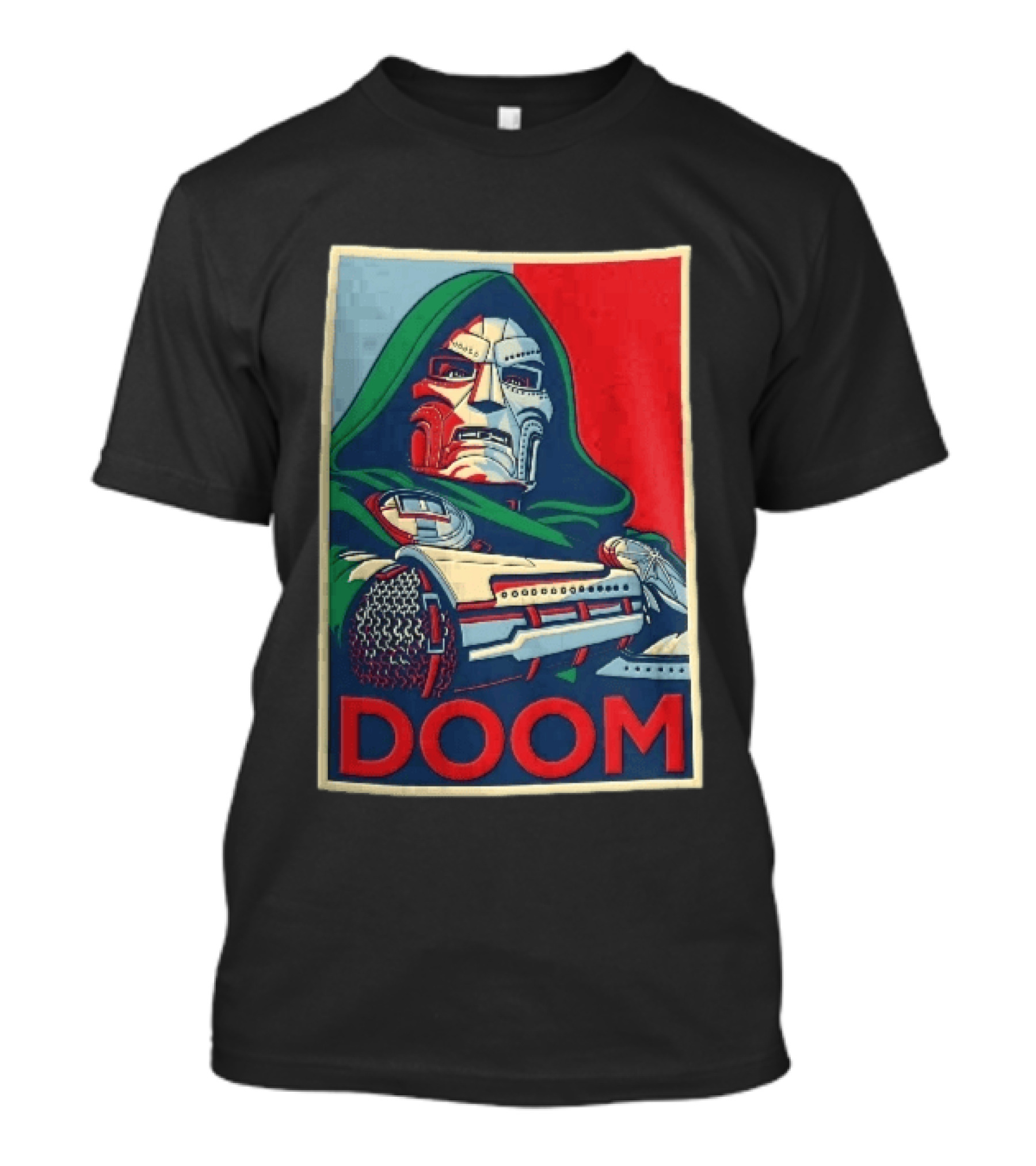 Doom Supervillain Mask Hooded Armored Gauntlets Red Blue T-Shirt