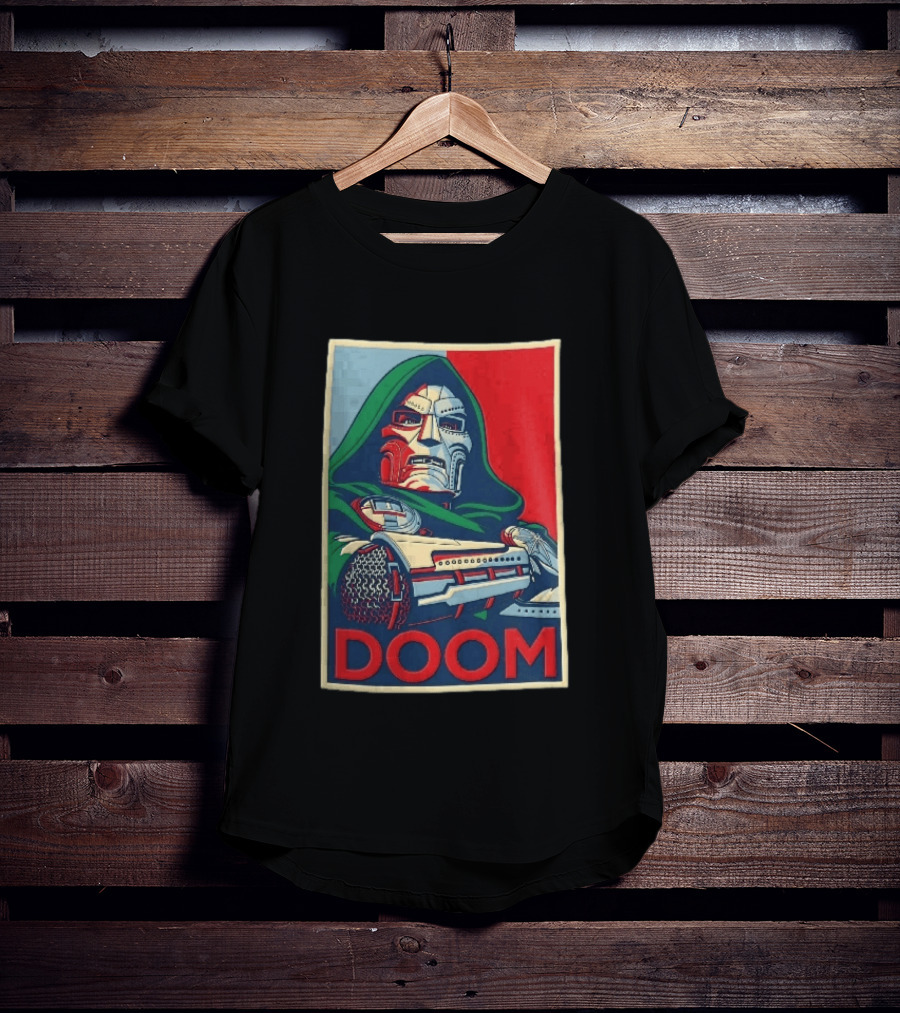 Doom Supervillain Mask Hooded Armored Gauntlets Red Blue T-Shirt