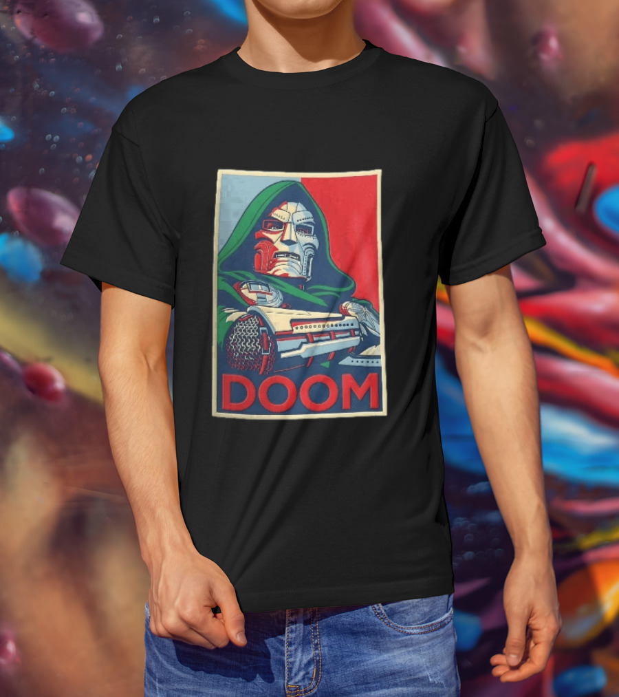 Doom Supervillain Mask Hooded Armored Gauntlets Red Blue T-Shirt