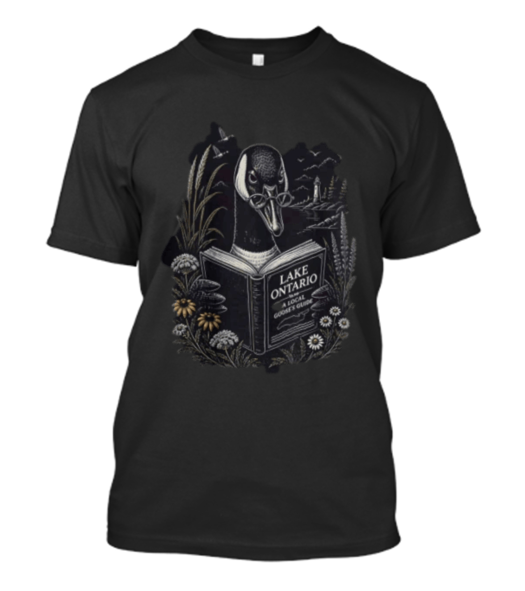 Lake Ontario Local Goose Guide With Glasses And Lighthouse Scene T-Shirt