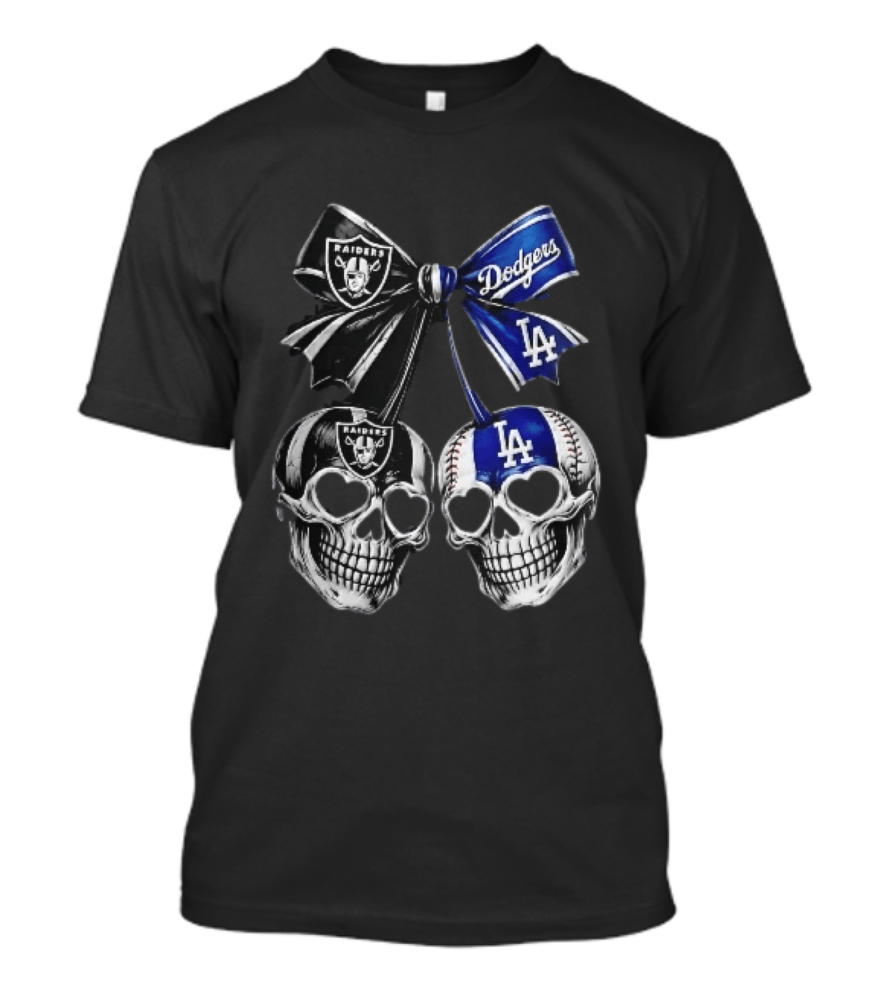 Las Vegas Raiders Los Angeles Dodgers MLB Skulls Cherry Heart Eye Sockets Bow Ribbon T-Shirt