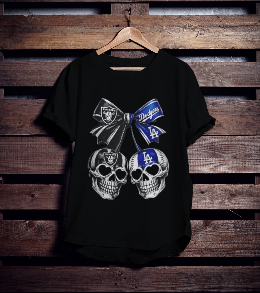Las Vegas Raiders Los Angeles Dodgers MLB Skulls Cherry Heart Eye Sockets Bow Ribbon T-Shirt