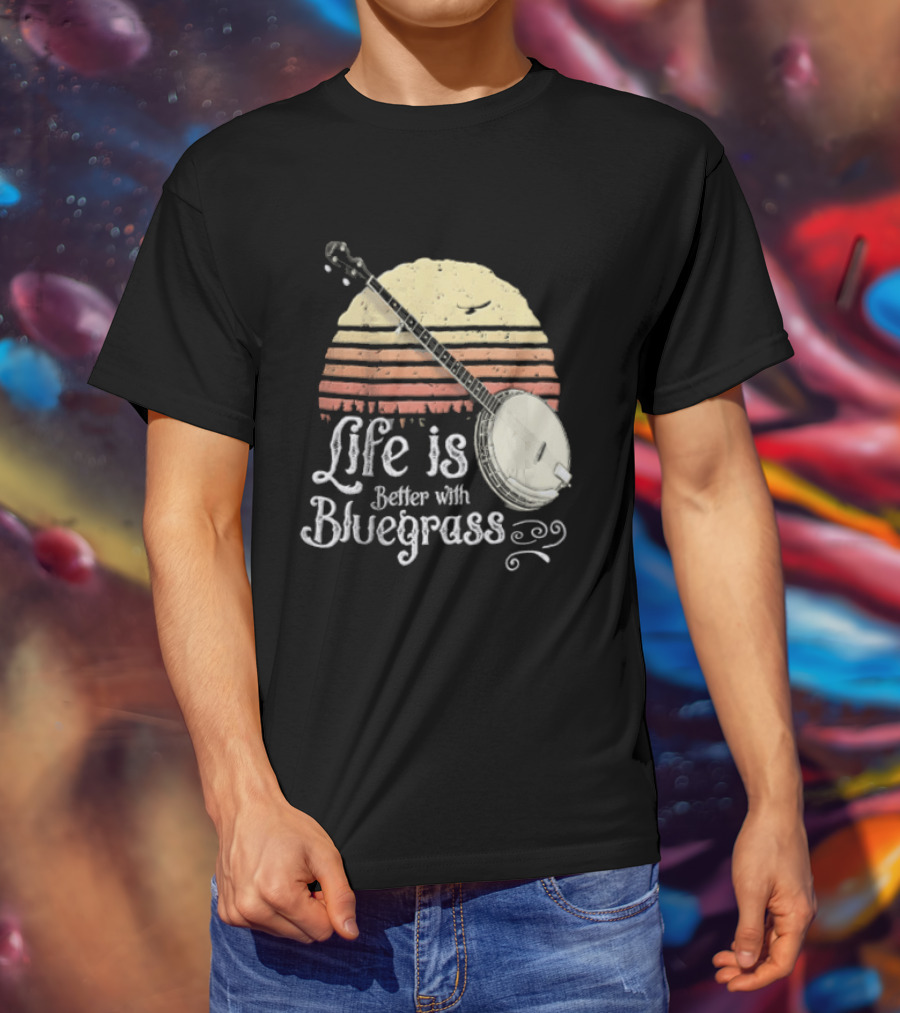 Life Is Better With Bluegrass Vintage Sunset Banjo T-Shirt