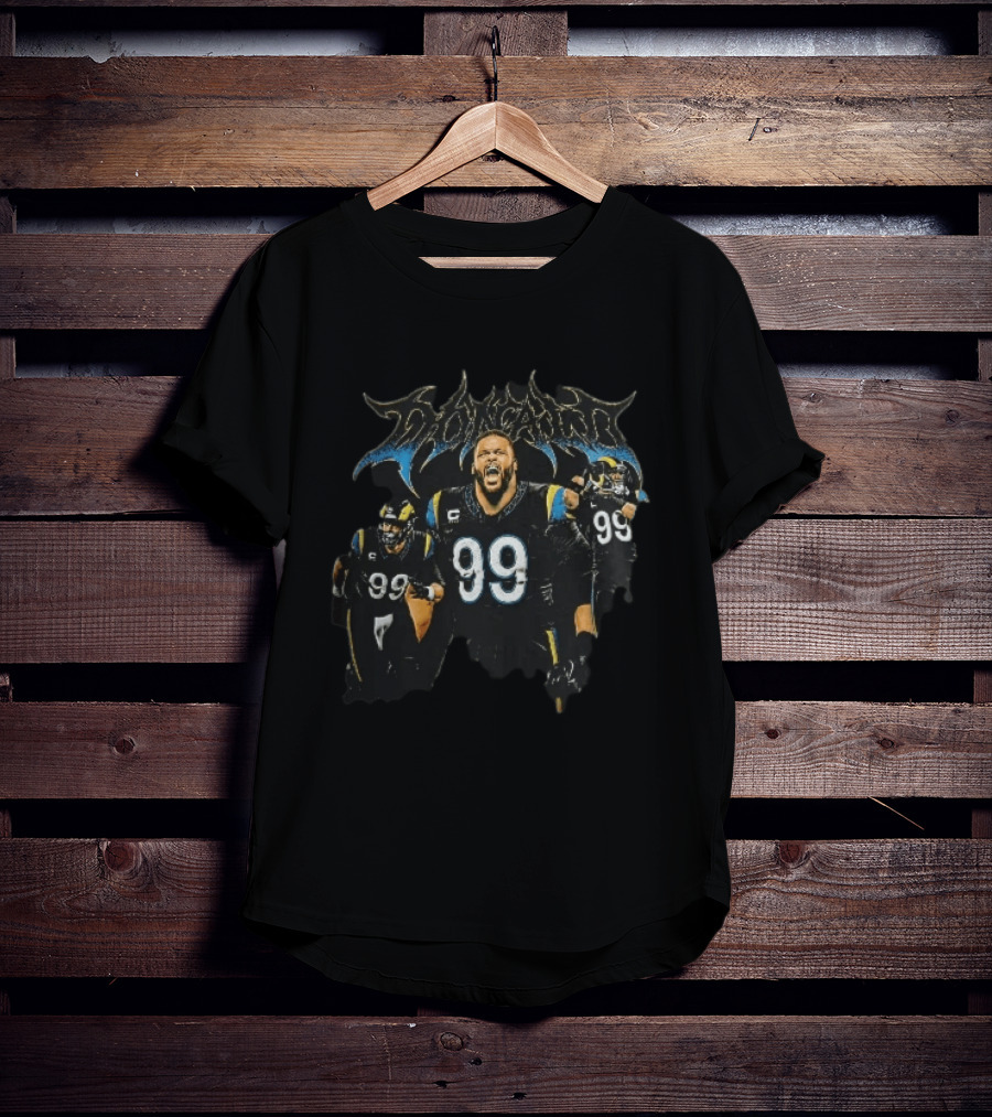 Los Angeles Rams Donald 99 Screaming Heavy Metal Font Collage T-Shirt