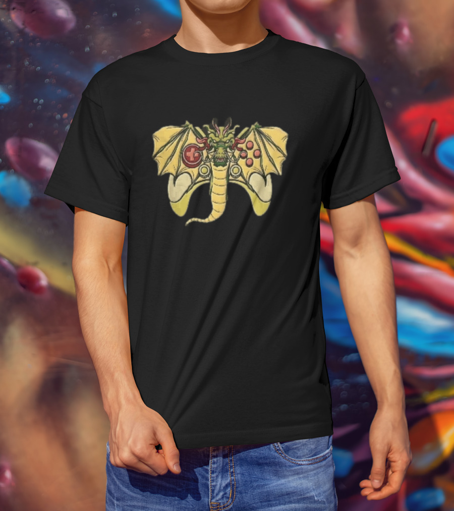 Green Chinese Dragon Head Gamepad Controller Wings Tail Cartoon Gamer Fun T-Shirt