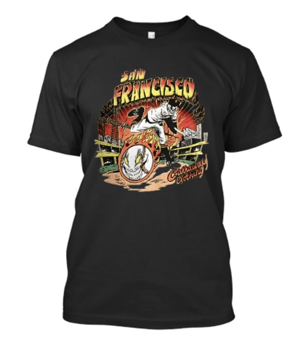 San Francisco Giants Skeleton Pitcher Flaming Baseball Golden Gate Bridge Carraway Clothing T-Shirt