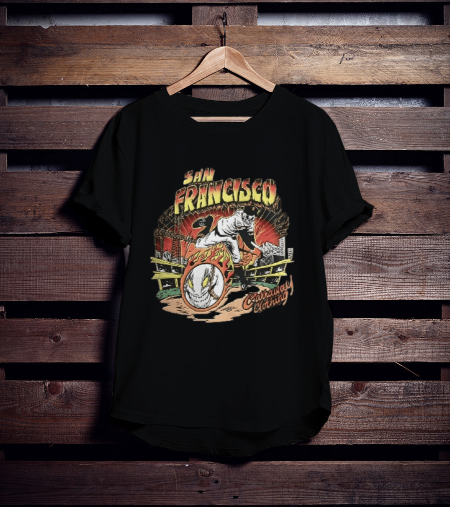 San Francisco Giants Skeleton Pitcher Flaming Baseball Golden Gate Bridge Carraway Clothing T-Shirt